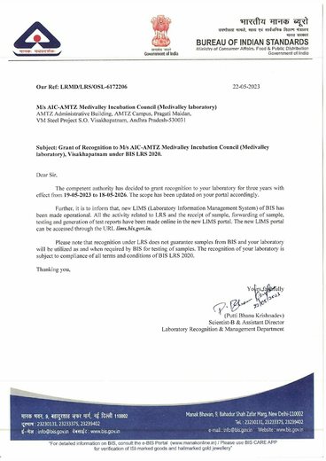 BIS certificate issued to AIC-AMTZ MediValley Incubation Council