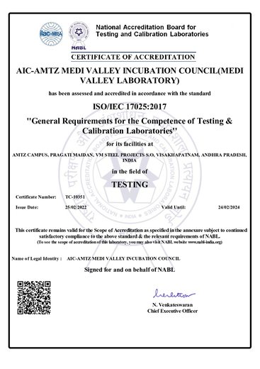 NABL certificate issued to AIC-AMTZ MediValley Incubation Council