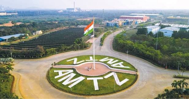 Aerial view of the AMTZ entrance roundabout with the national flag